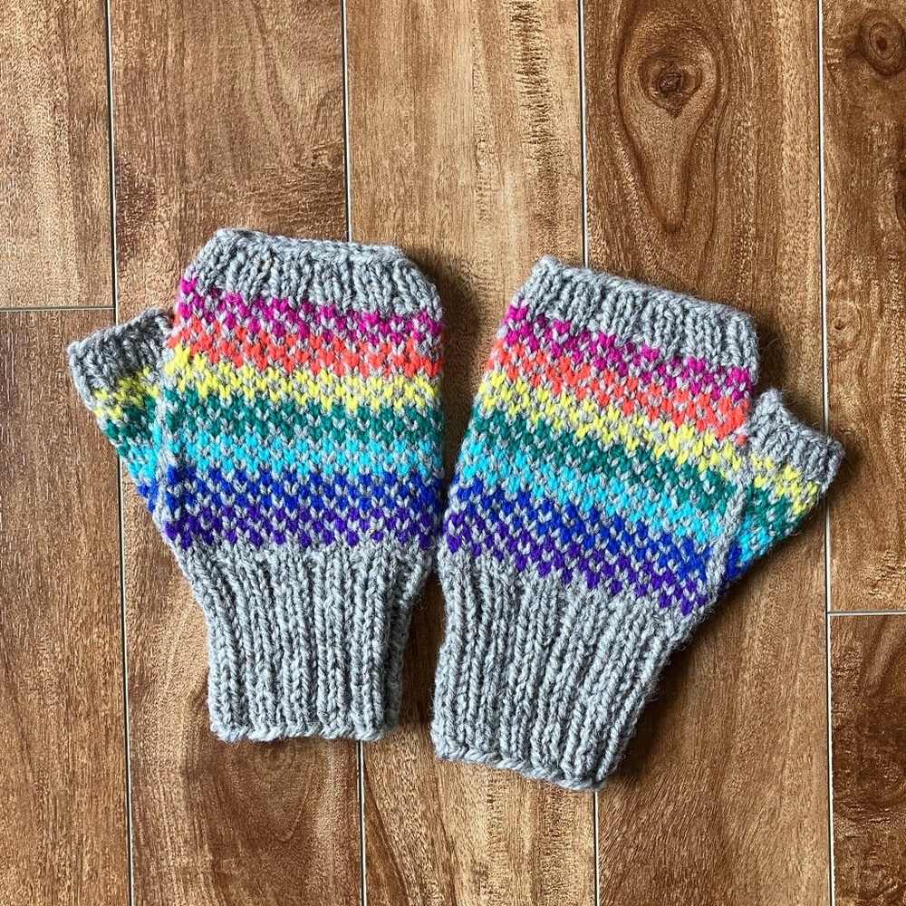 Vibrant Neon Rainbow Knit Fingerless Gloves